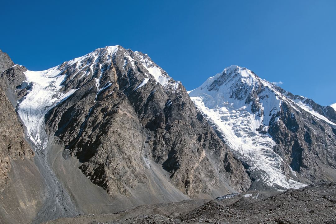 The north faces of Shalghagin Sar (left) and Peak 6,050m from the Zangaish Glacier to the north-northwest. 