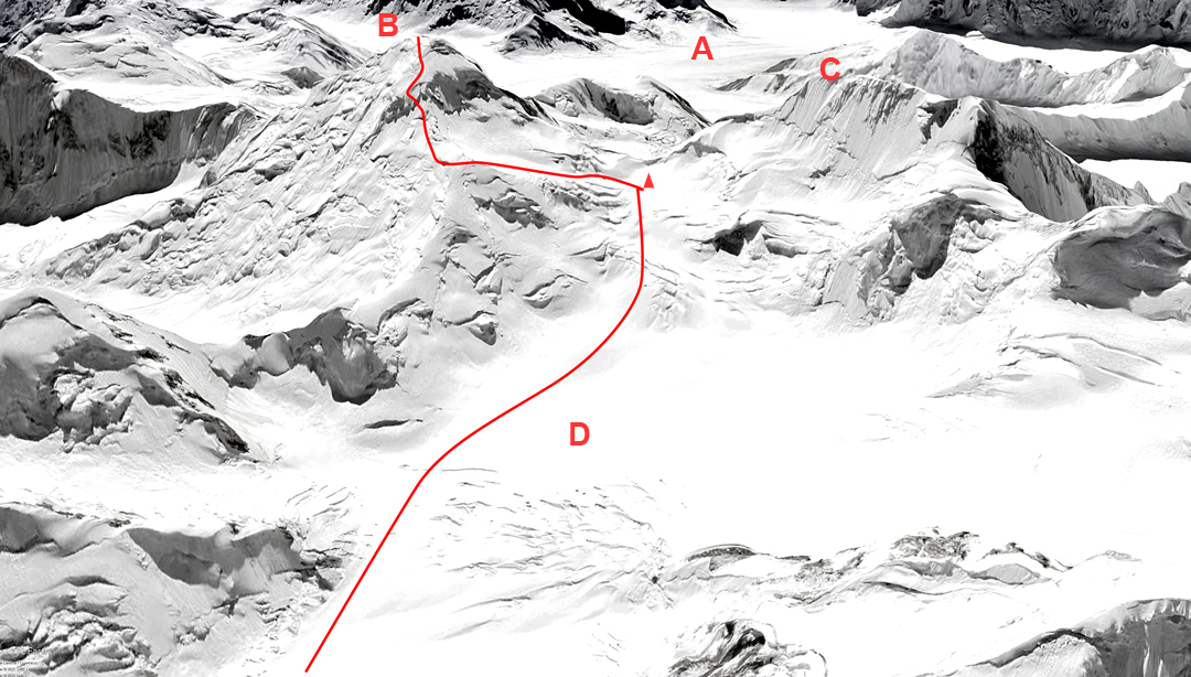 The head of the east branch of the Virjerab Glacier, seen from the northwest. (A) Sim Gang Glacier. (B) Virjerab Sar. (C) Unnamed Peak 6,433m. (D) East Virjerab Glacier. The 2024 high camp at 5,894m is marked. 