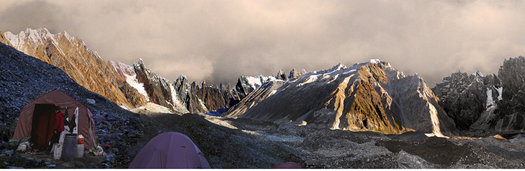Looking northwest from the 2011 base camp. Pamshe Peak, on the Sosbun-Biafo divide, is on the far right. At center is the end of the long ridge that separates the South from North Sosbun glaciers. The small tops climbed by the Polish expedition in 2011 lie at the near end of this ridge. Left of this ridge and at the back of the South Sosbun Glacier are the Sosbun Spires.  