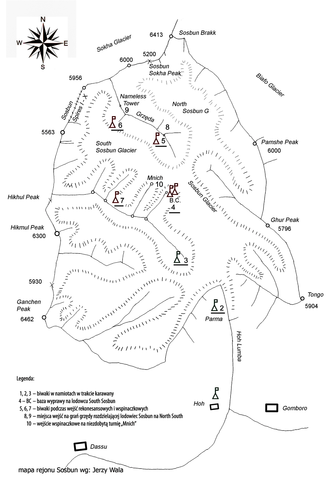 Jerzy Wala’s sketch map of the upper Sosbun Glacier. (8) is the location of the three ca 5,000m tops and Mnich (10) climbed by the 2011 Polish expedition.  