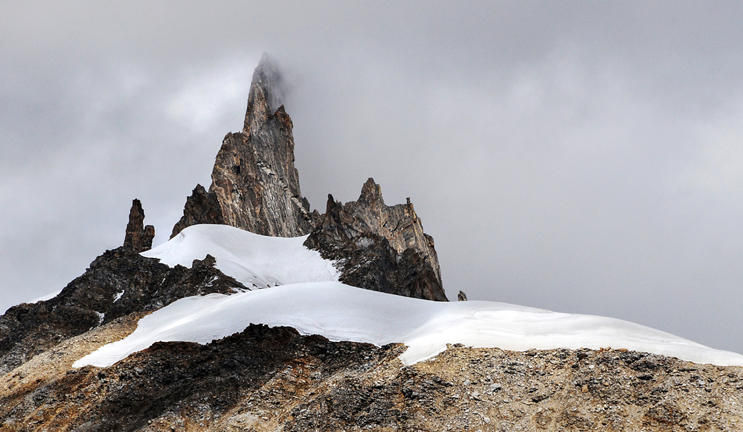 Nameless Peak from the South Sosbun Glacier. As far as is known, this peak is unclimbed and has an impressive rock wall on its east side. 

