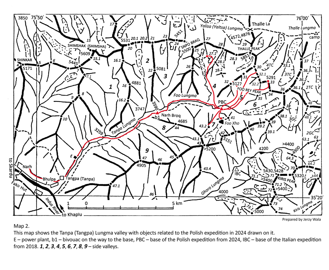 Map of the Tanpa (Tangpa) Lungma valley, with highlights of the 2024 Polish expedition. 