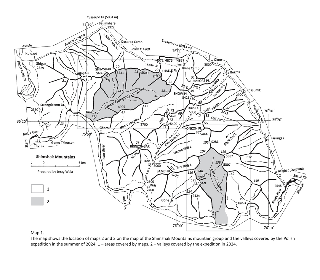 Overview map of the Shimshak Mountains, with the Tanpa Lungma and Kuru Lungma highlighted. 