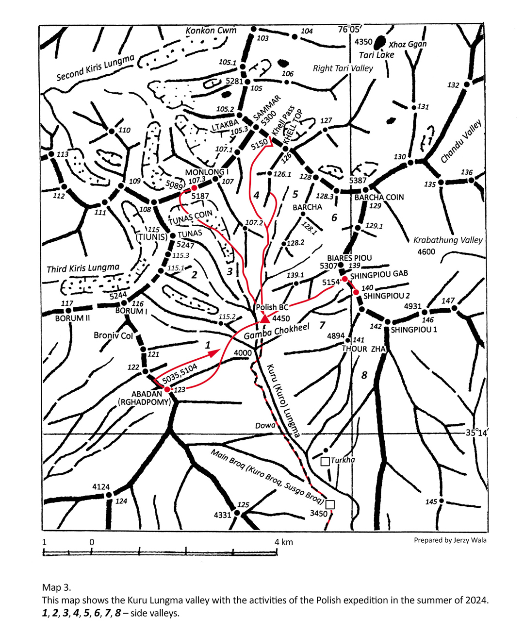 Map of the Kuru Lungma valley, showing the areas visited by the 2024 Polish expedition. 