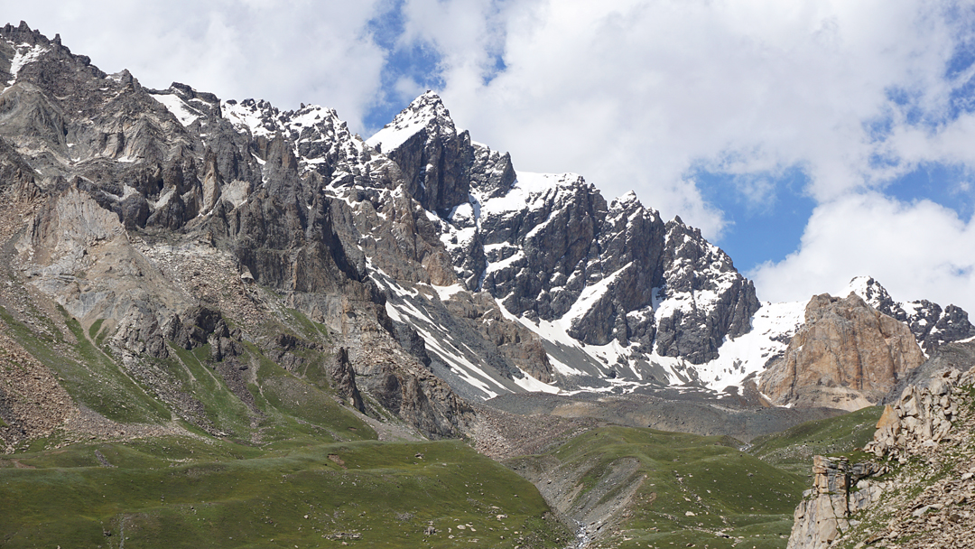 Unclimbed Snpo Brakk (ca 5,500m) from the south. The small foreground rock summit at far right is Mateo Peak, climbed by Mateusz Winkler in 2024.  