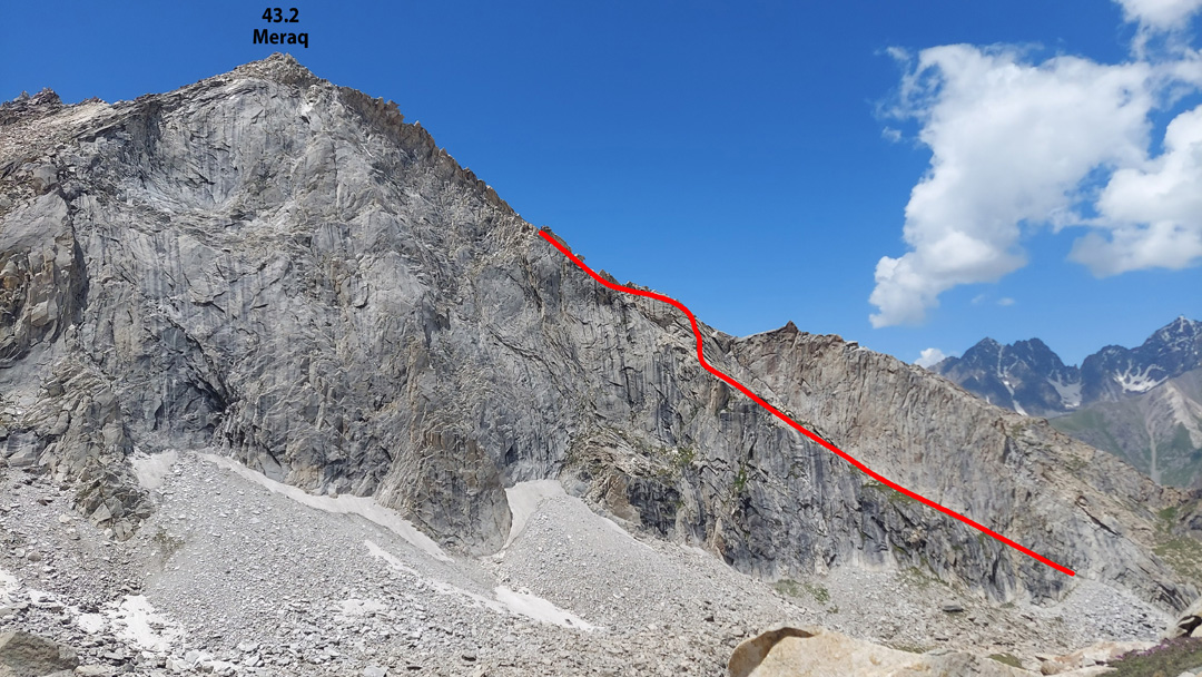 Meraq from the east and the route attempted in 2024. 
