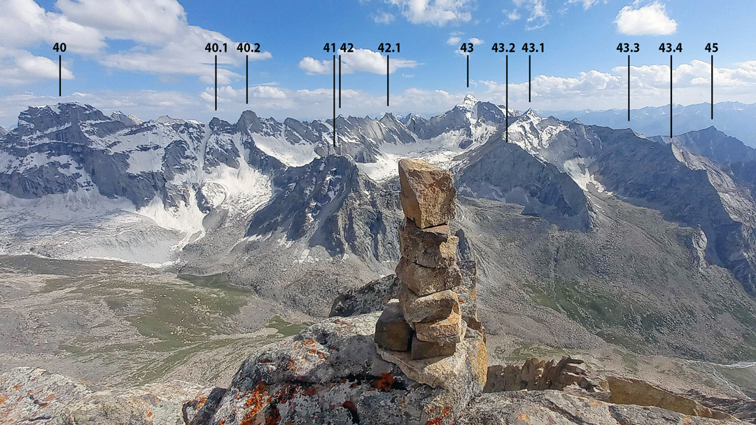 Looking southwest over the upper Tanpa Lungma valley at unclimbed peaks on the southern rim. The cairn was built by Mateusz Winkler in 2024. 