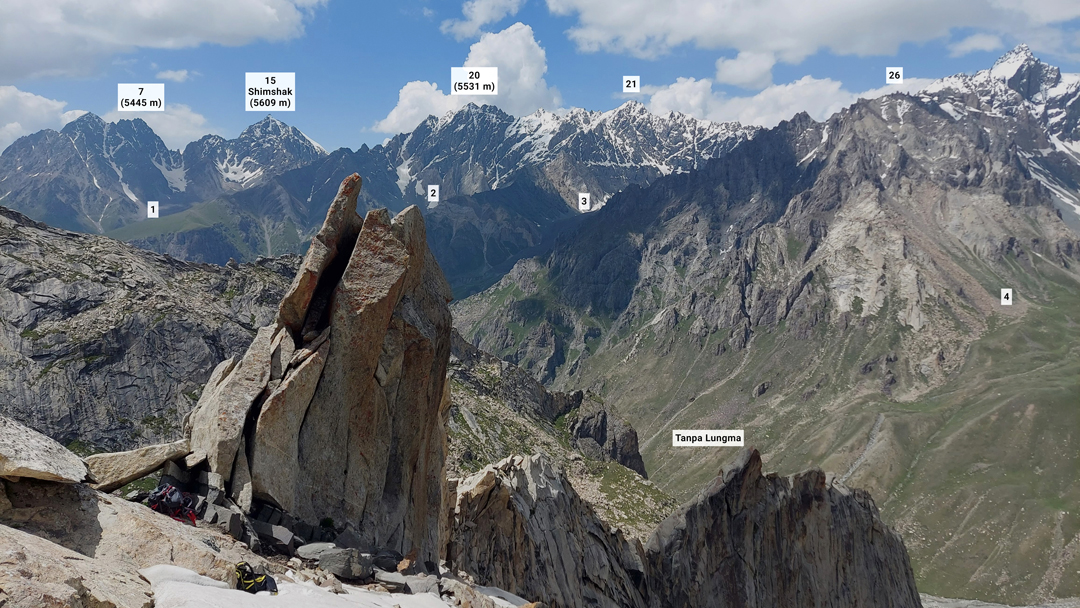 View to the northwest over the Tanpa Lungma valley from the attempt on Meraq in 2024. All peaks shown here are believed to be unclimbed.  