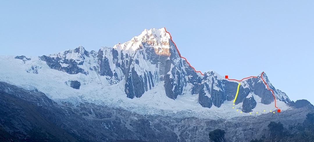 La Travesía de los Burros, starting with the first ascent of the west ridge of Taulliraju Sur, is marked in red; the bivouac locations are marked with red squares. The yellow line shows the rappel route after the ascent. 
