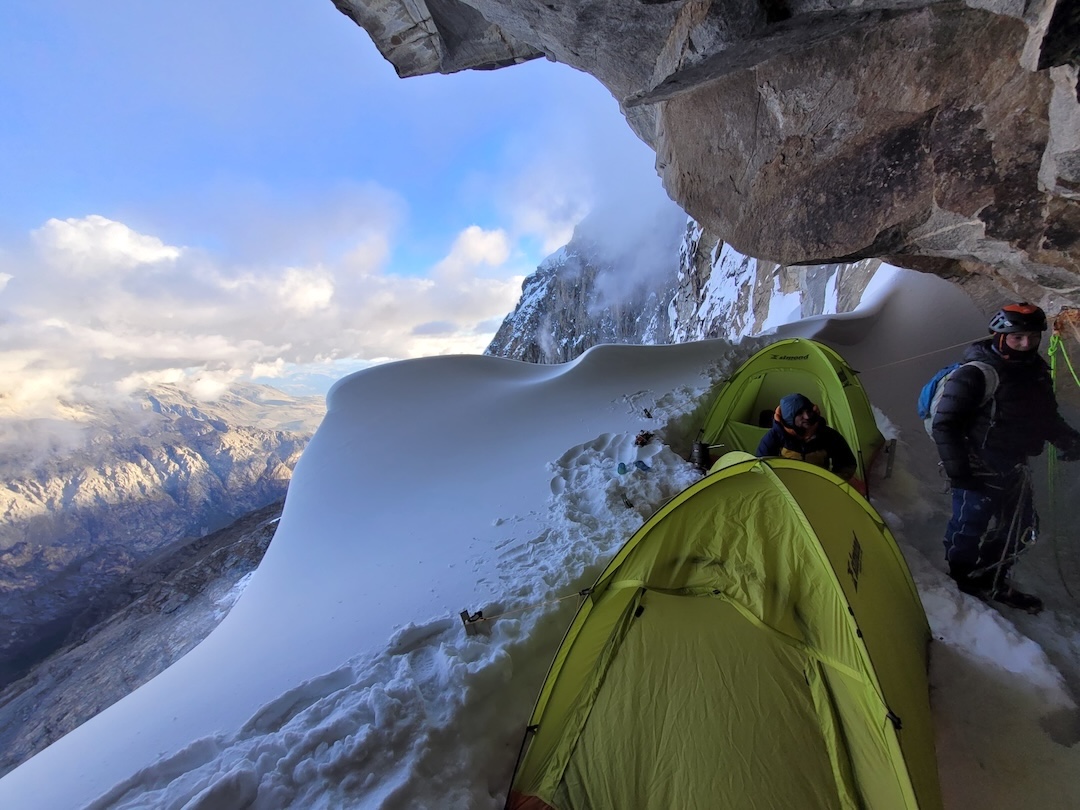 The superb bivouac midway up the south face of Nevado Copa. 