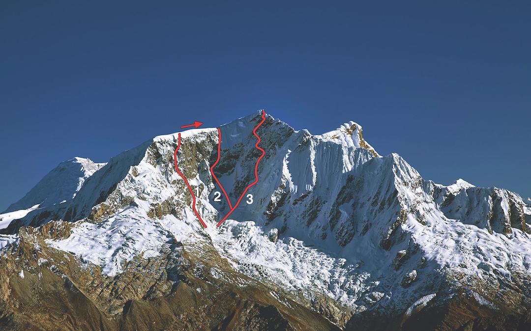Nevado Copa (6,188m) from the south, showing (1) Puro Floro (2024, continuing to the summit), (2) Mostro Africano to the southwest ridge (2007), and (3) A la Sombra de la Duda (2024). 