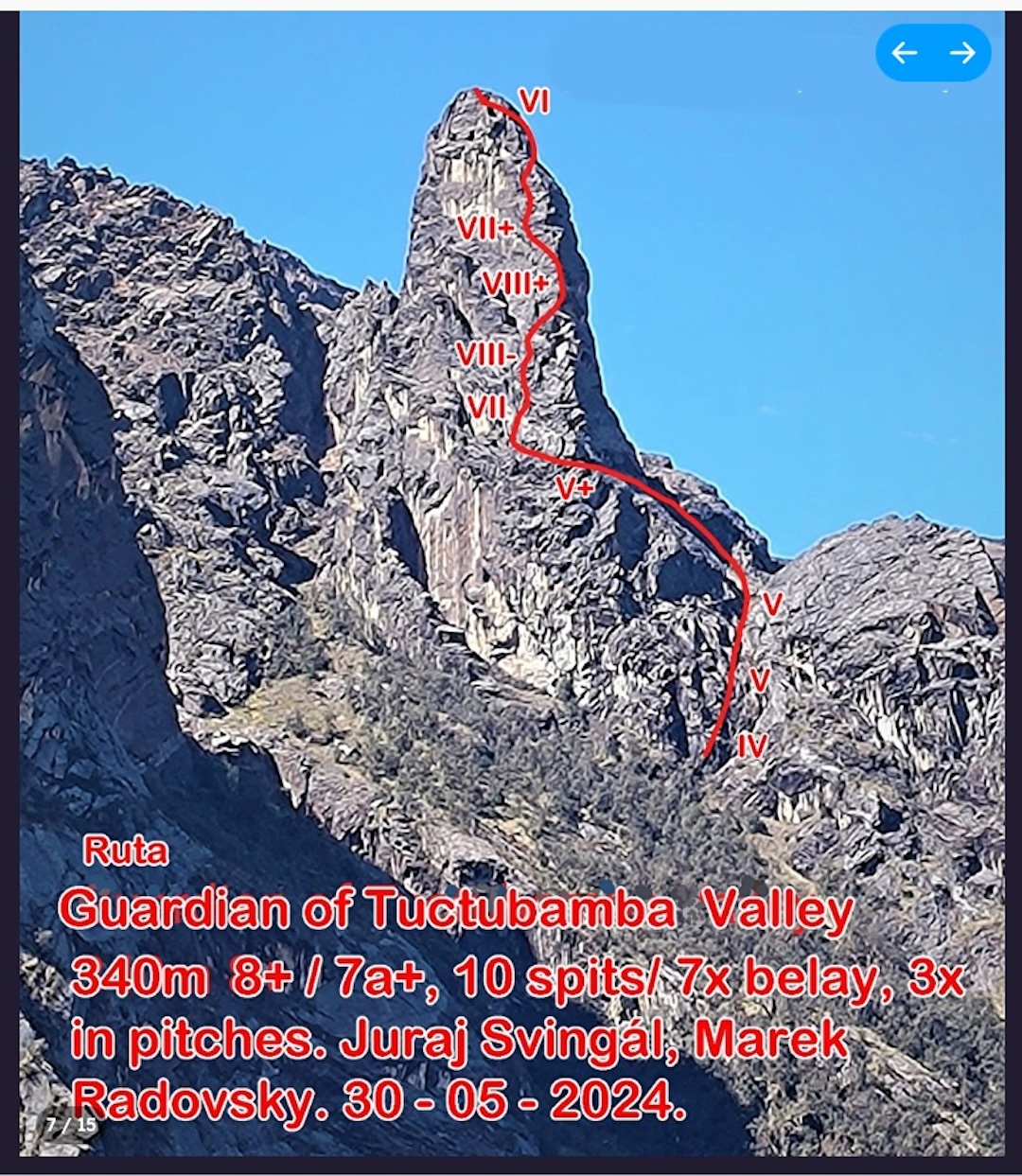 Photo-topo of the route Guardian of Tuctubamba Valley, the first known route up Torre Tauar. 