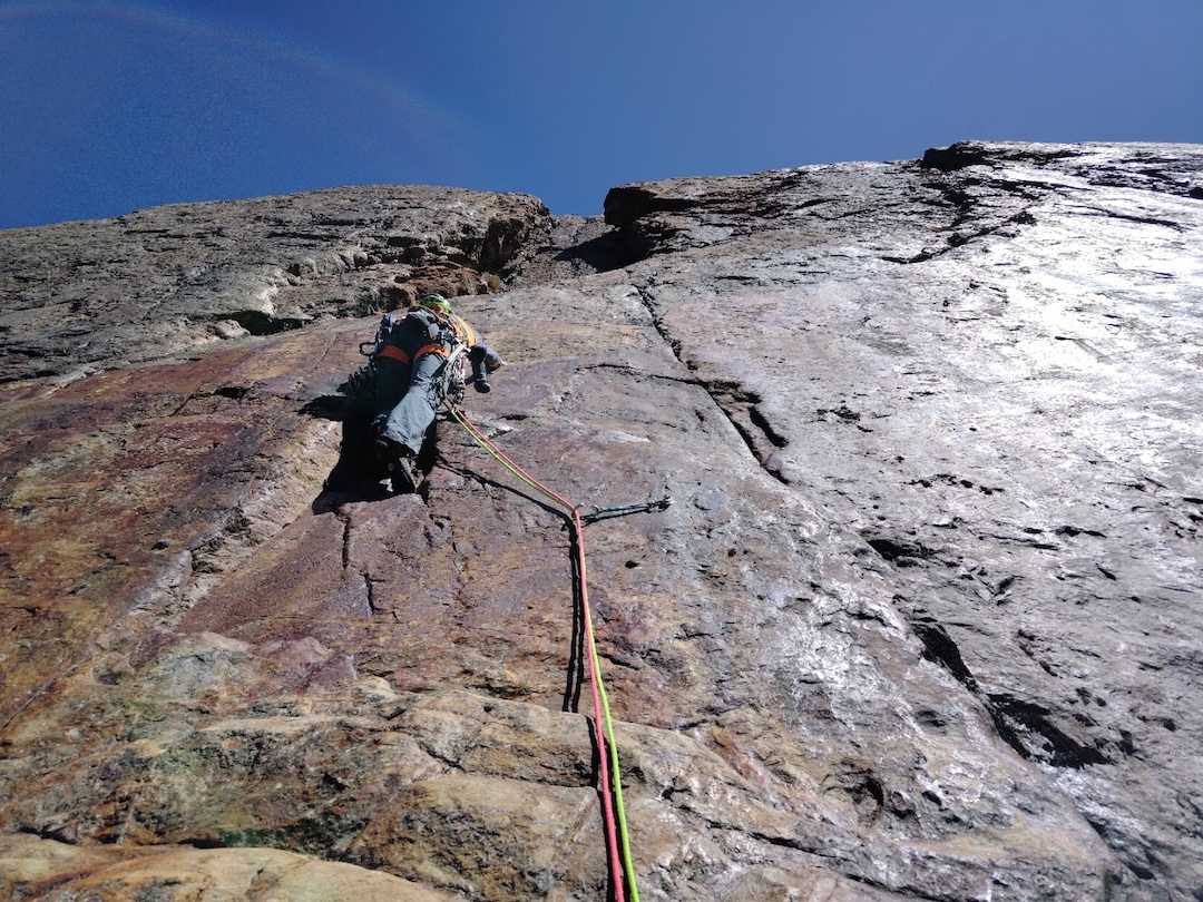 Nice rock on Torre Tauar. The climbers placed three protection bolts on the 340-meter route. 