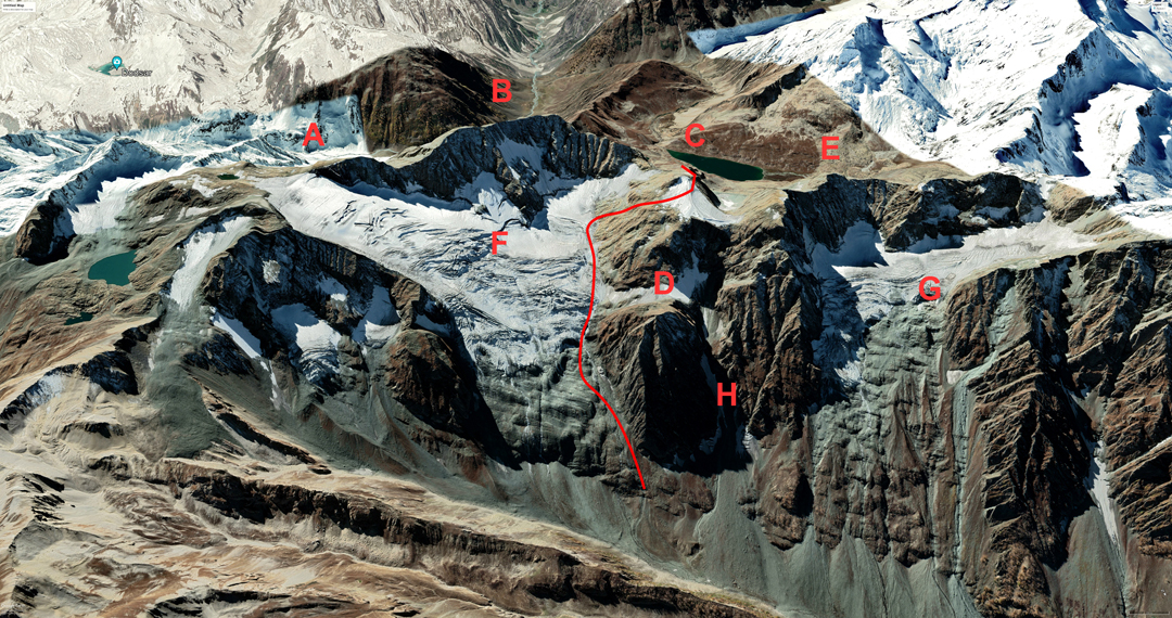 The Glacier 3 area, above the upper Thajiwas Valley, from the north. (A) Valehead. (B) Kazim Pahalin Bal. (C) Umbrella Peak and 2024 route of ascent. (D) Glacier Crag. (E) Cefn Carnedd. (F) Glacier 3. (G) Glacier 2. (H) Avalanche Gully.