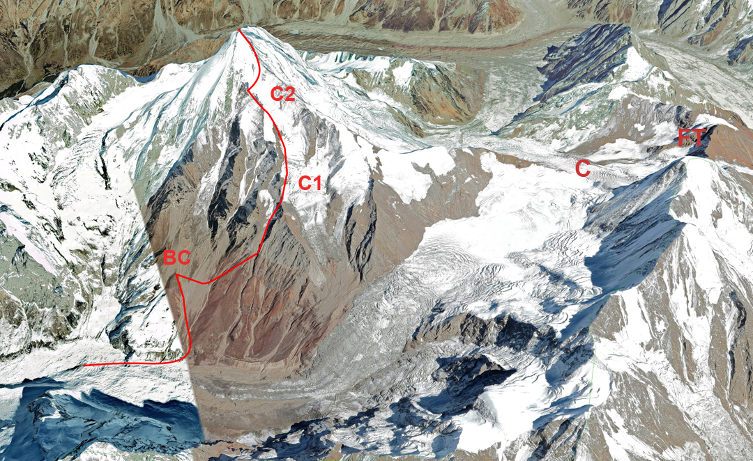 The south face of Brammah I with the 2024 route marked. (BC) Base camp. (C1) Camp 1. (C2) Camp 2. (C) is the access col for the southeast ridge, at the head of the Kibar Glacier, and (FT) is Flat Top.  