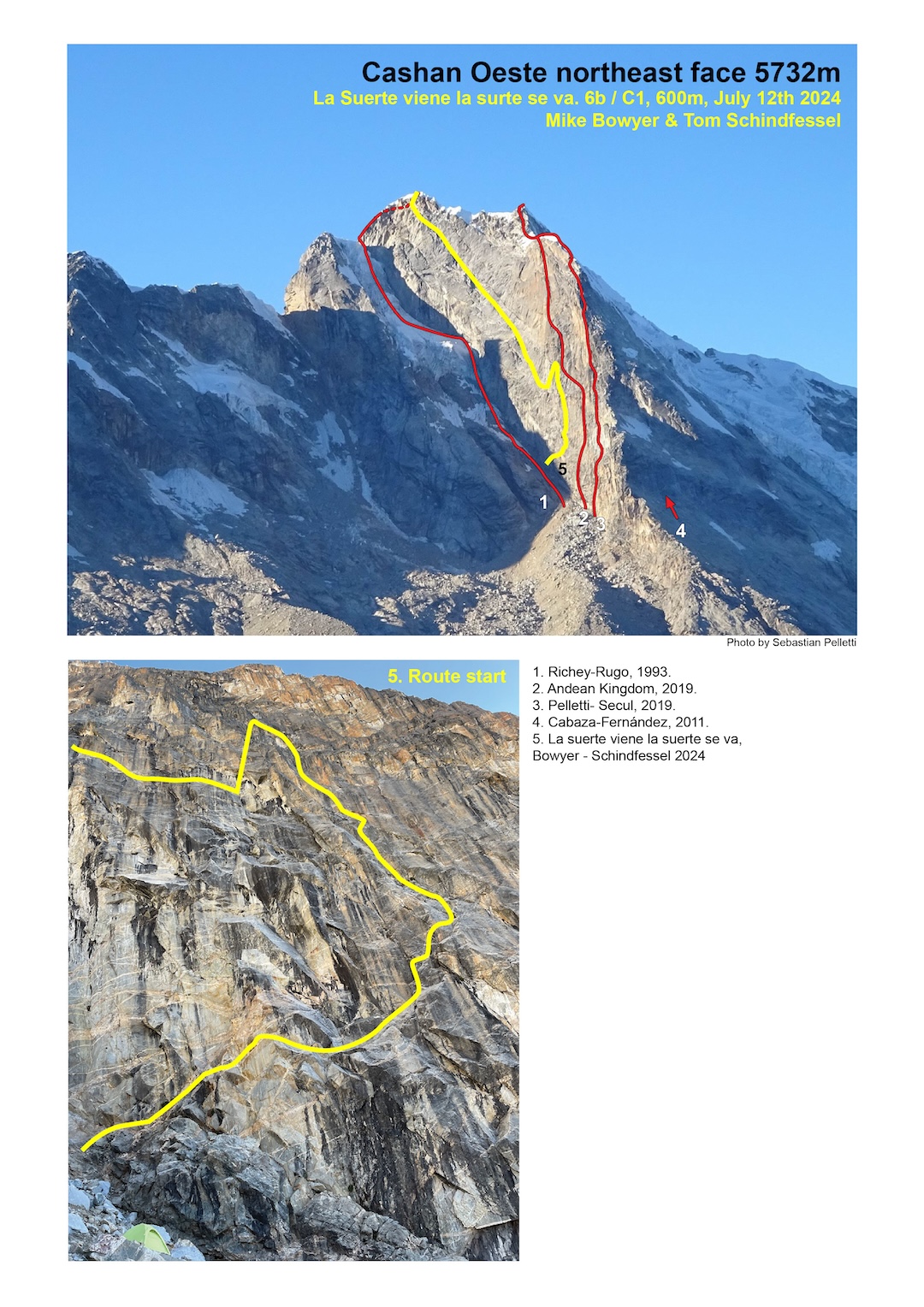 The line of La Suerte Viene La Suerte Se Va on the northeast face of Cashan Oeste. 