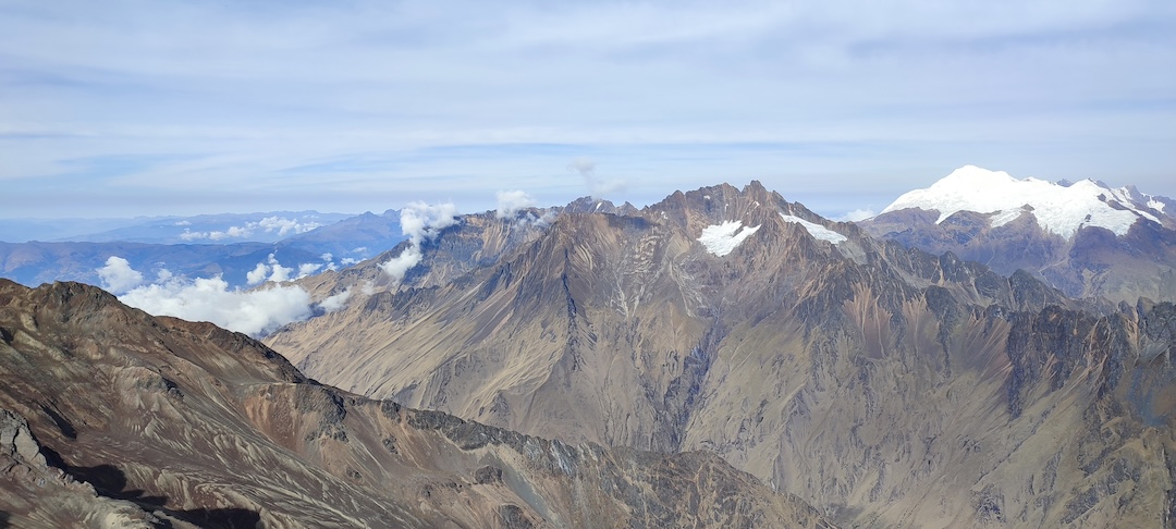 Cerro Amparay from the east. (The 2024 route is not visible.) In back on the right is Nevado Padreyoc. 