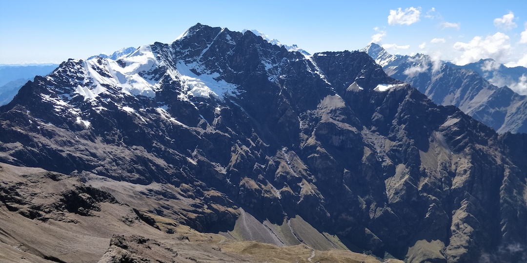 Cerro Amparay from Chaupiloma to the southwest. The north face glacier route on Amparay is just beyond the left skyline ridge. 