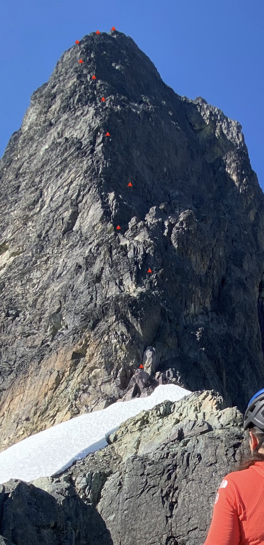 The general line followed up northeast ridge (12 pitches, 5.10) of Tsini Tsini Peak.