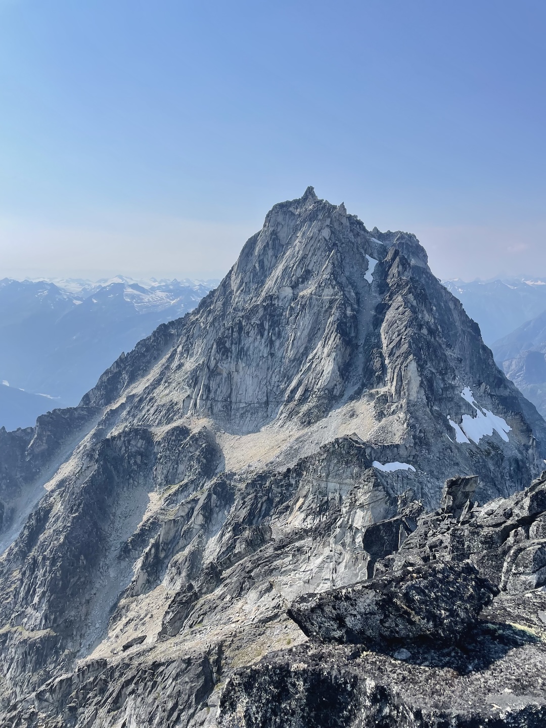 Culbert Crag (route line not visible) from the south. The photo was taken from the ridge line between Sedna Peak and Culbert Crag.