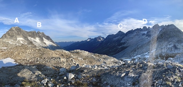 View from near the 2024 team’s camp to (A) Sedna Peak, (B) Culbert Crag, (C) Diana Mountain, and (D) Trident Tower. 