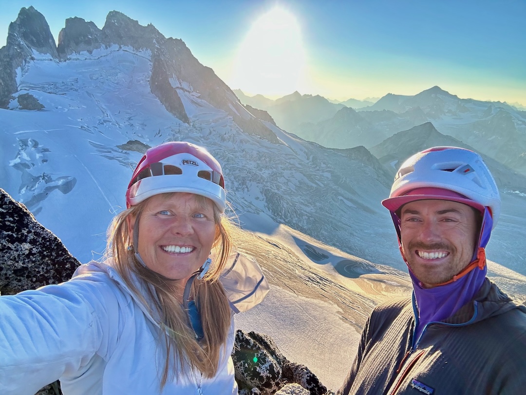 Jen Olson and Stephen Senecal after making the first ascent of Attachment Theory (900m, 5.11+) on the east face of Snowpatch Spire.