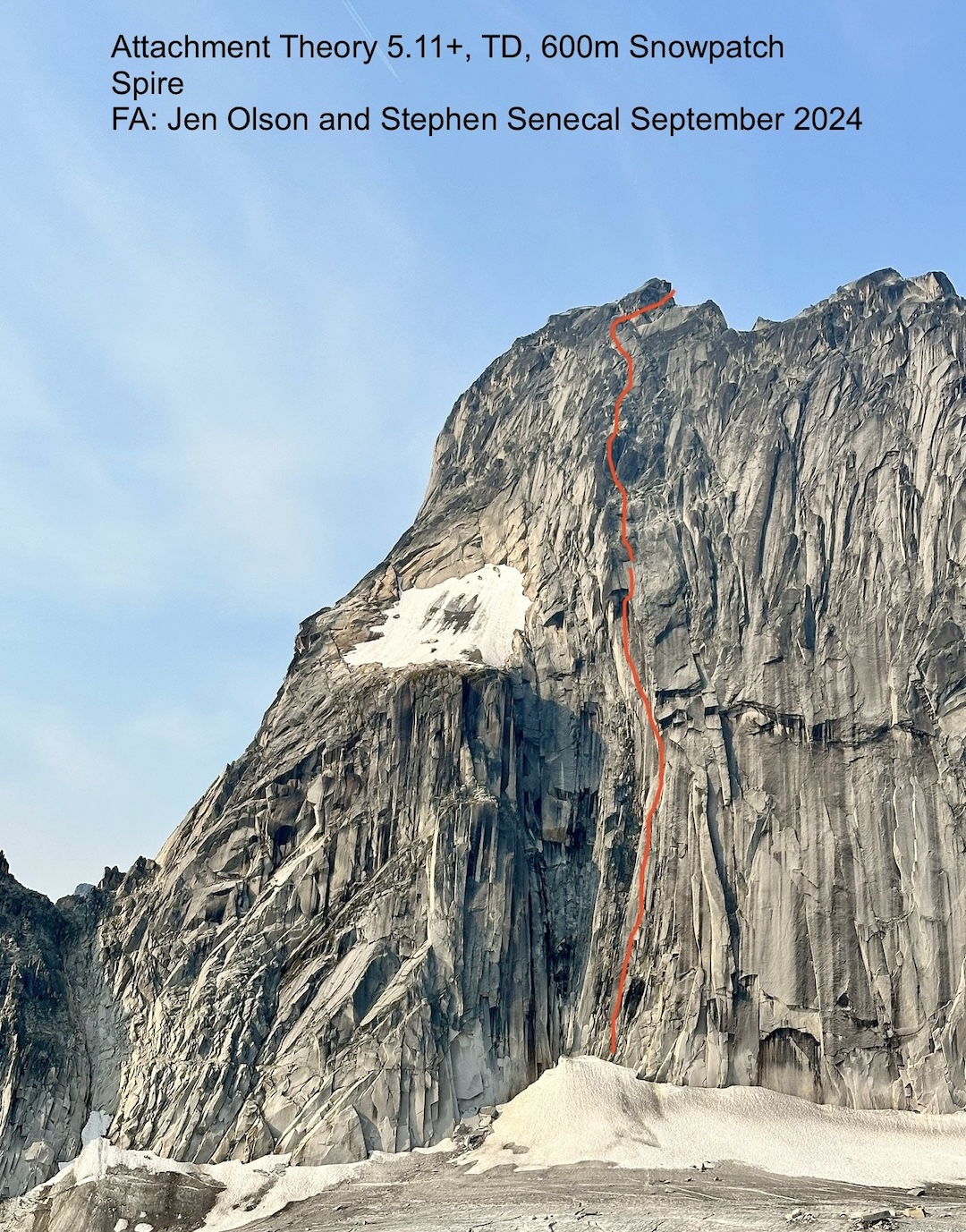The line of Attachment Theory on the east face of Snowpatch Spire.
