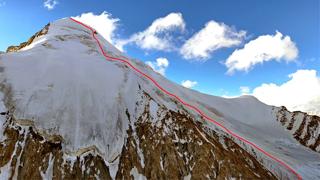 Nya Kangri from the south with the 2024 route up the south-southeast spur. 