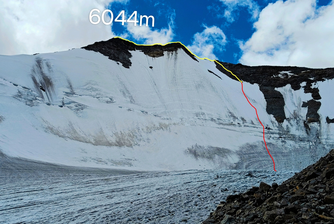 Peak 6,044m, showing the north face and line of the solo ascent in 2024. The ridgeline was traversed from east to west (left to right) earlier in the summer. 
