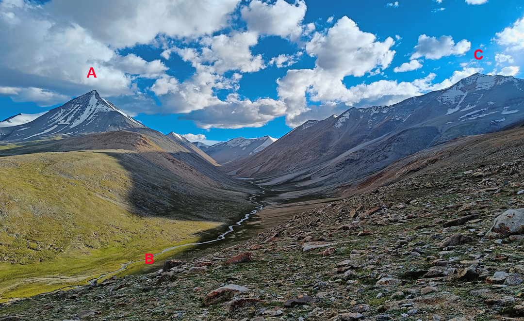 Looking approximately south from Peak 5,885m to (A) Ama Chomo Nyug Ri, (B) base camp in the Khyam Lungpa, and (C) Peak 6,050m.  