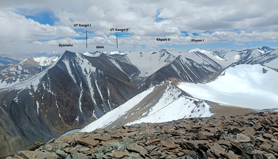 The view south-southeast to high peaks above the Khyam Lungpa from Peak 6,050m.  