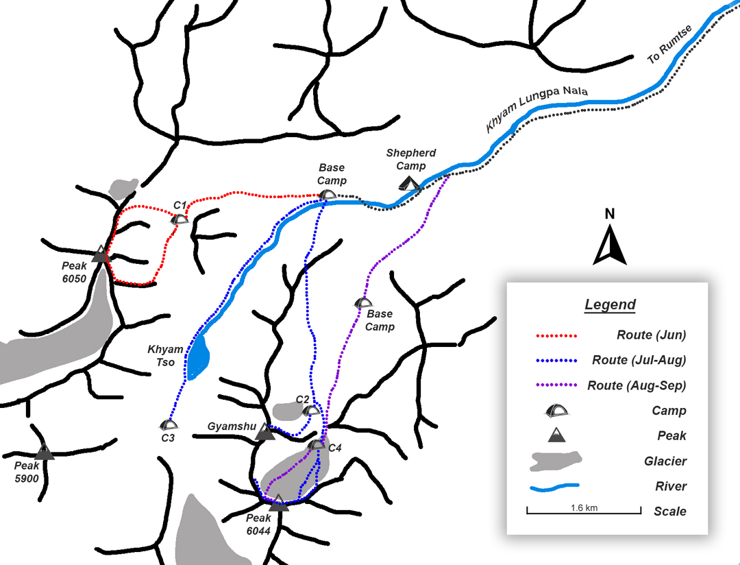 Map of the Khyam Valley, showing the activities of three expeditions in the summer of 2024.  
