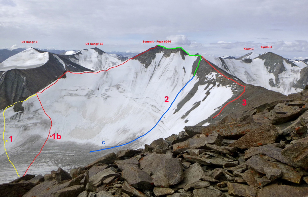 Peak 6,044m from Ama Chomo Nyug Ri to the north. (1 and 1b) August 2024 routes to the east ridge, with descent by (3) the northwest ridge. (2) September 2024 ascent of the north face and northwest ridge. UT Kangri I and II were climbed in 2020 by the Ladakh Mountain Guides Association. Khyam I was climbed in 2022 by an Indo-Japanese expedition, and Khyam II was climbed in 2012 by an expedition from the Indian Statistical Institute. 

