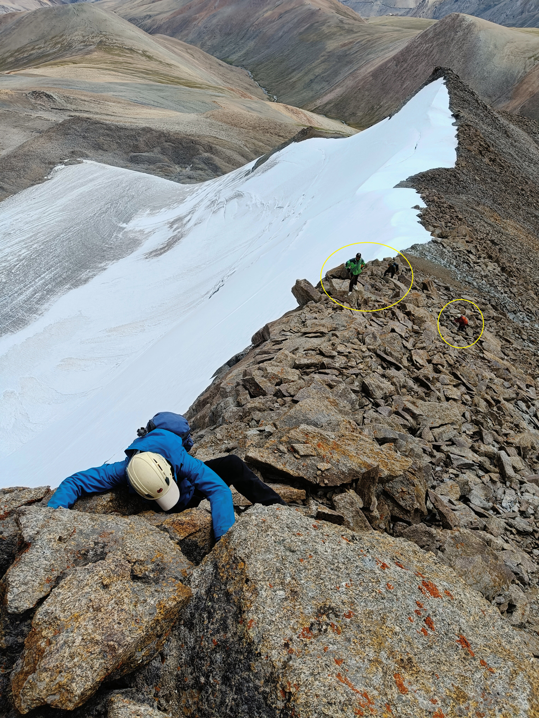 Gerry Galligan high on the east ridge of Peak 6,044m during the first ascent.  