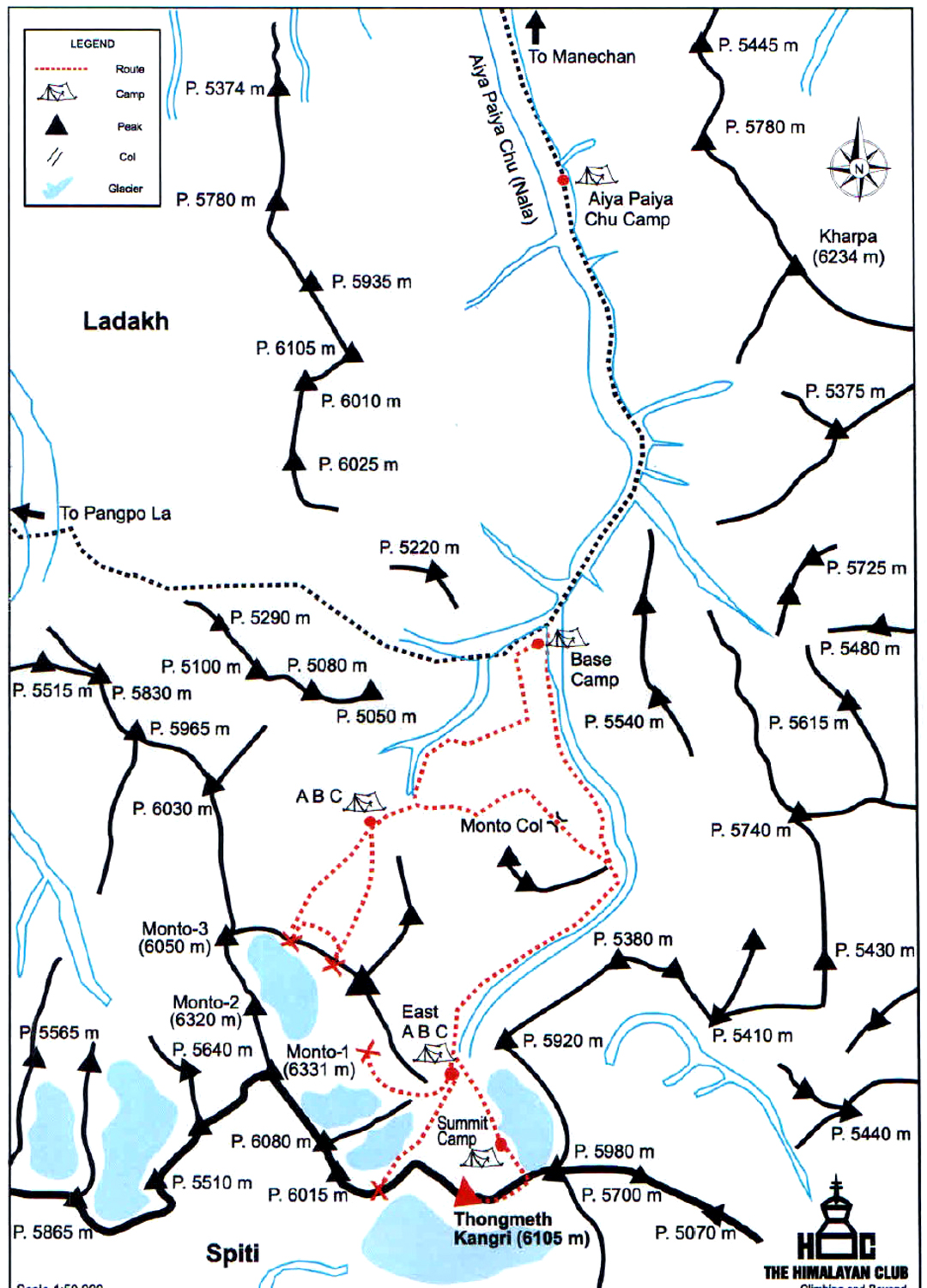 The area of arid mountains to the southwest of Tso Moriri and the 2023 expedition’s reconnaissance trips, camps, and Thongmeth Kangri ascent route.