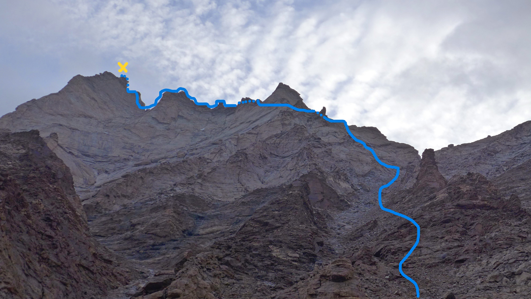 Route of first ascent of Starikatchan (5,904m) via the west face and south ridge. 
