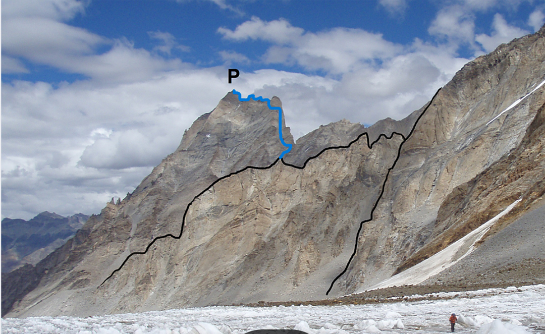 Looking down the Shimling Tokpo at Starikatchan and the upper part of the 2024 first-ascent route on the south ridge. The ridge was approached by the west face, beyond the foreground ridge marked by a black line. 
