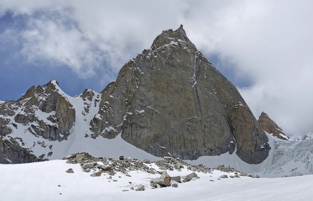 The unclimbed northeast face of Chanrasrik Ri (H2) seen from the Rangtik Glacier; the face is about 550m high.  An Italian team climbed the left skyline ridge to the central top (5,959m) in 2018 (AAJ 2020) but were unable to reach the main top via the long interconnecting ridge. The peak was climbed by the Italian route, continuing to the main top, in July 2024.  
