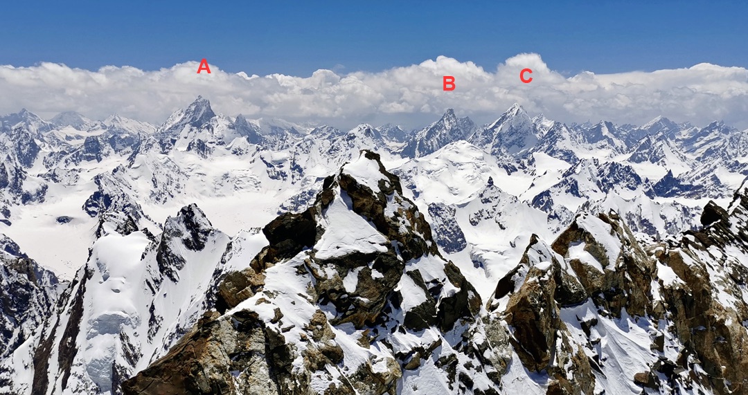 Looking southwest from the summit of Vajrayogini toward the big peaks of eastern Kishwar: (A) Kishtwar Kailash (6,451m), (B) Cerro Kishtwar (6,173m), and (C) Chomochior (6,278m). 

