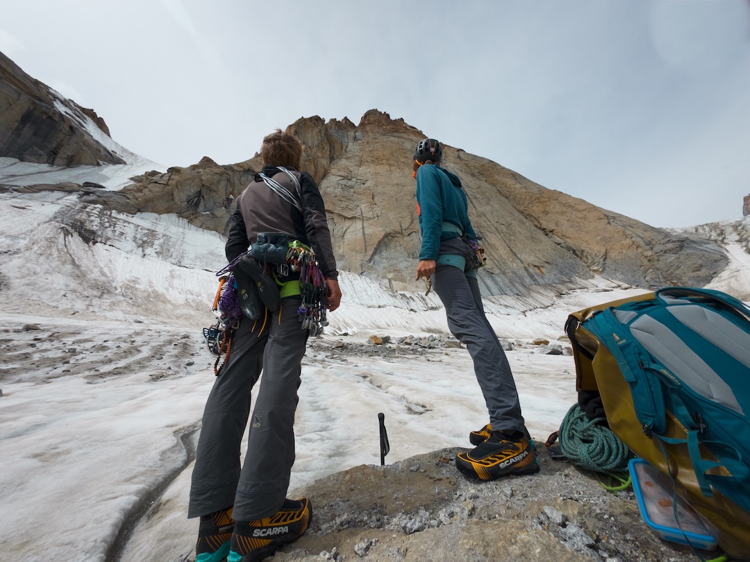 Schneider and Hangweyrer eying up the northeast face of Chanrasrik Ri. They later climbed a new route up the left side of the face in big-wall style, descending from the ridge. Earlier in the trip, they summited Chanrasrik Ri via the 2018 route Jullay Temù and a long ridge traverse to the south, making the first ascent of the main summit. 
