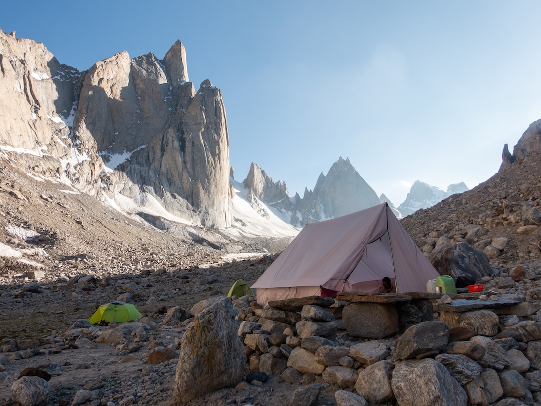 Basecamp below Jamyang Ri (Little Jamyang Ri is in the foreground), the expedition’s home for almost 30 days. The massive pyramid of the northeast face of Chanrasrik Ri is seen directly over the tent, with Shawa Kangri directly to its left. On sunny days, the temperatures climbed up to almost 25°C, making it feel more like a beach vacation than an expedition, but with a much better view. 