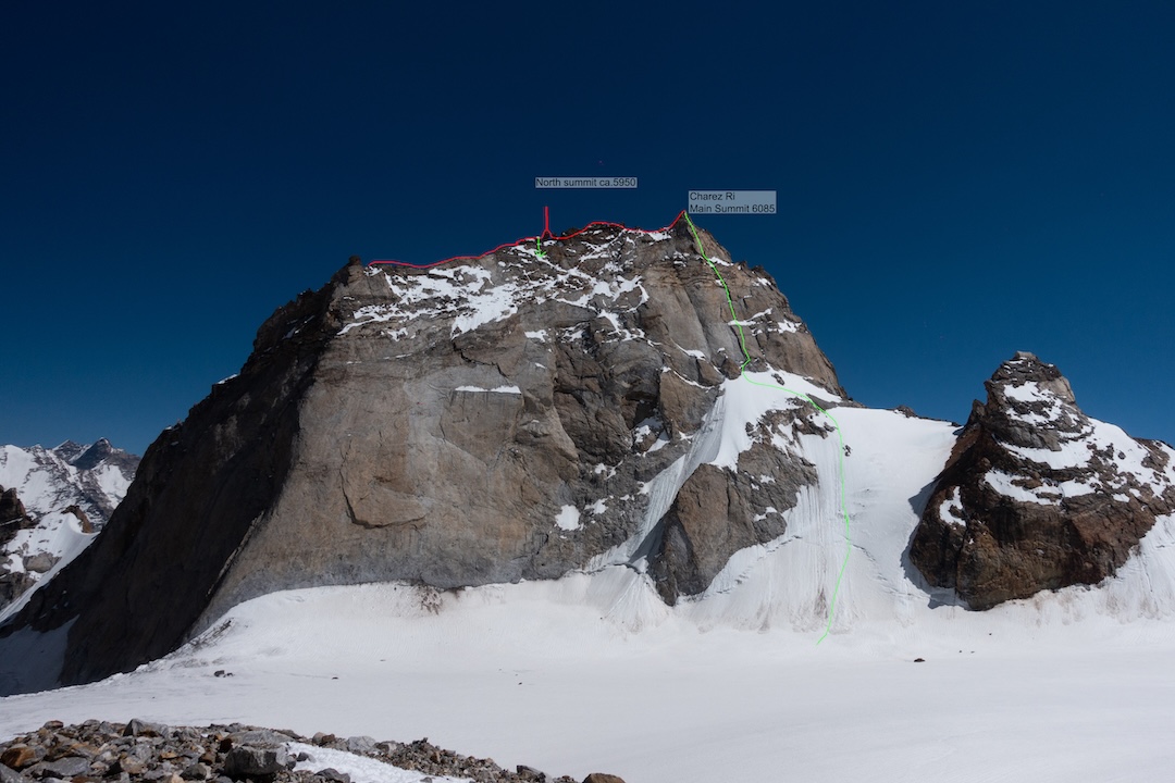 The west face of Chanrasrik Ri (a.k.a. Chareze Ri, 6,080m), showing the traverse to the main summit (Hangweyrer-Schneider, 2024) from the route Jullay Temù (Limongi-Martinelli-Mosetti-Secchi-Vallata, 2018, AAJ 2020). The earlier route climberd the northeast face to the summit of Chanrasrik Ri’s central top (a.k.a. north summit, 5,959m).
