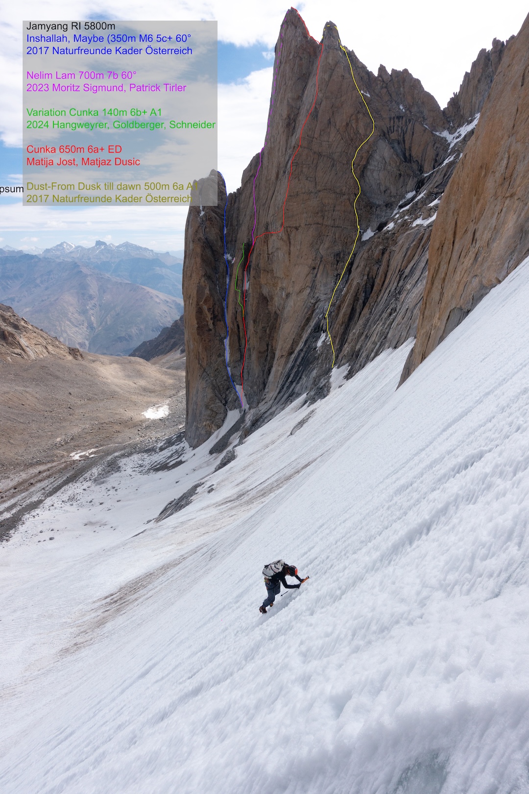 The west face of Jamyang Ri (5,800m) showing all routes to date: Inshallah, Maybe (2017), Nelim Lam (2023), Variation Cunka Attempt (2024), Cunka (2017), and Dust–From Dusk Till Dawn (2017). 

