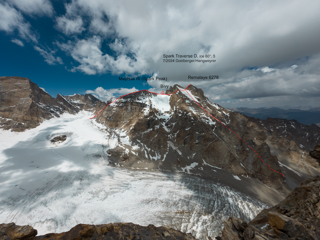 The southside of Remalaye/H5 (6,278m) and Maytsak Ri (6,060m), showing the Spark Traverse (Hangweyrer-Goldberger, 2024). After climbing the southeast face of Remalaye/H5 (D+, Matjaz-Tomaz-Jost, 2017, AAJ 2018), Elias Hangweyrer and Lea Goldberger bivied along the ridge to Maytsak Ri and then made the first ascent of that peak. They did not summit Remalaye West (6,266m), which lies between the two other summits. 
