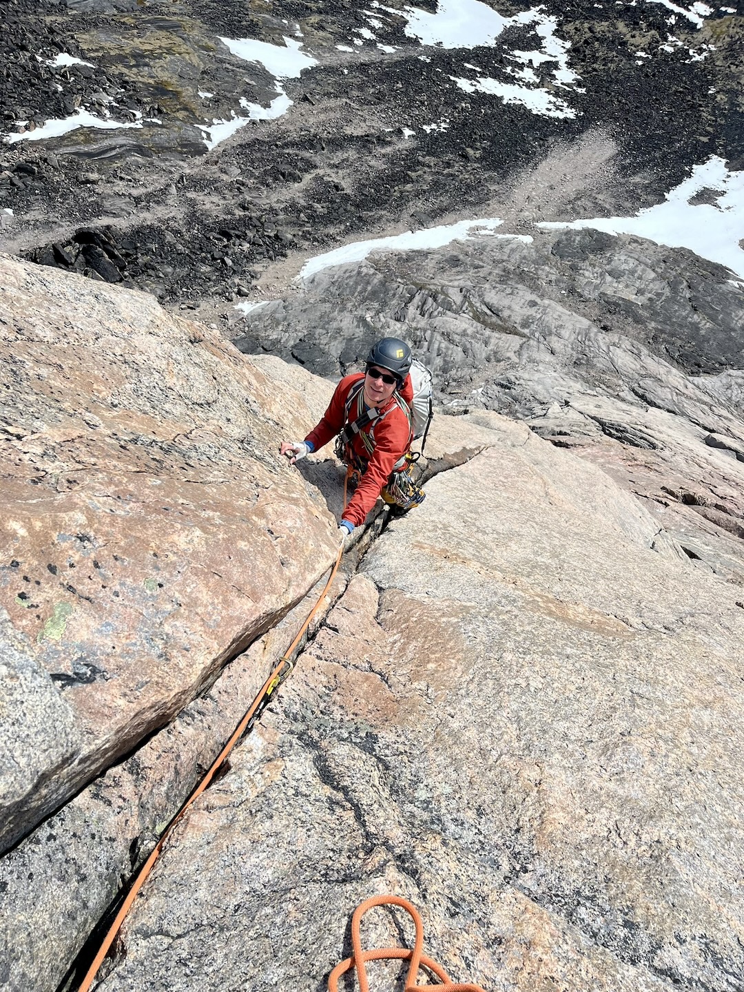 Following pitch three on Say Hello to Heaven (394m climbing distance, 5.9) on the east buttress of the east tower of Mt. Northumbria. 