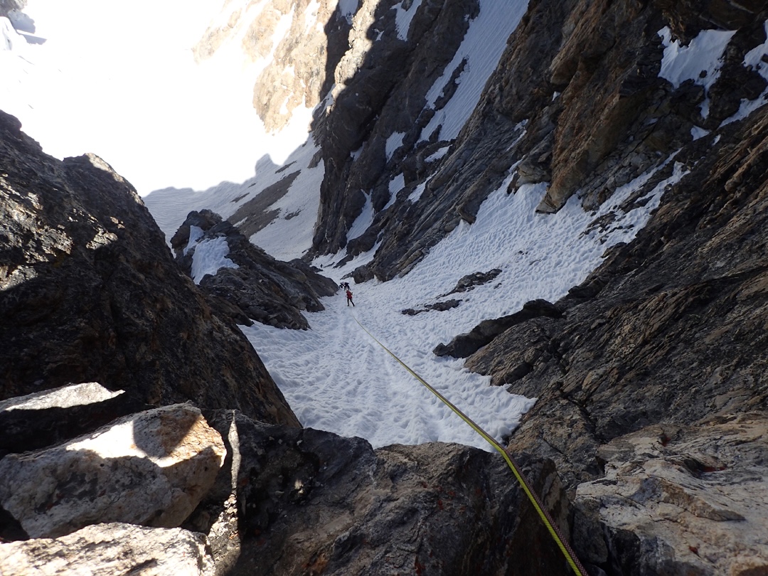 Looking down the north couloir from Col 5,836m on the ridge south of Skarma Mindruk Ri. 