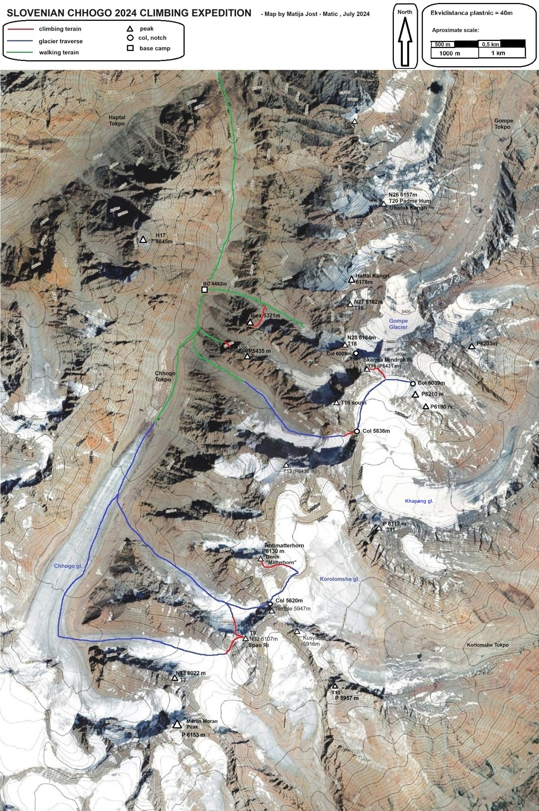 Map of the Chhogo Tokpo, annotated by Matic Jošt to show activities of the 2024 expedition and other features. 