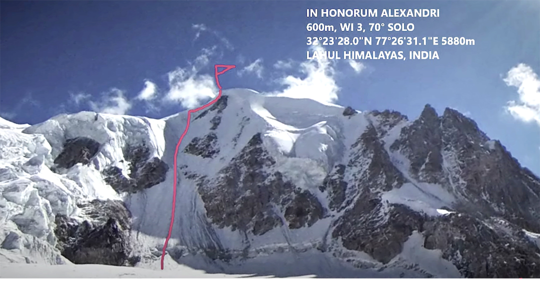 The northwest face of CB26 south summit and the new route In Honorum Alexandri.