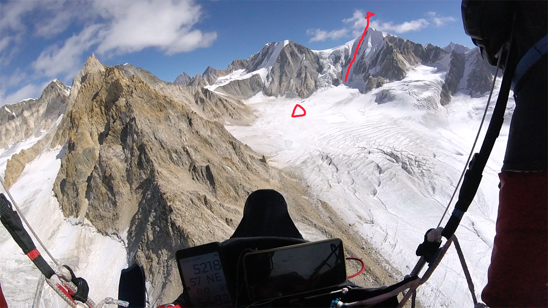 The glacier flowing south from CB26 toward the Chandra River. Tent site and route of ascent are marked. CB26, as loosely marked on sketch maps, is the peak above the tent, and 60m to 80m lower than the summit climbed. If these peaks have been climbed, their ascents would most likely have been from the much easier northeastern (opposite) flank and the North Dakka Glacier.  