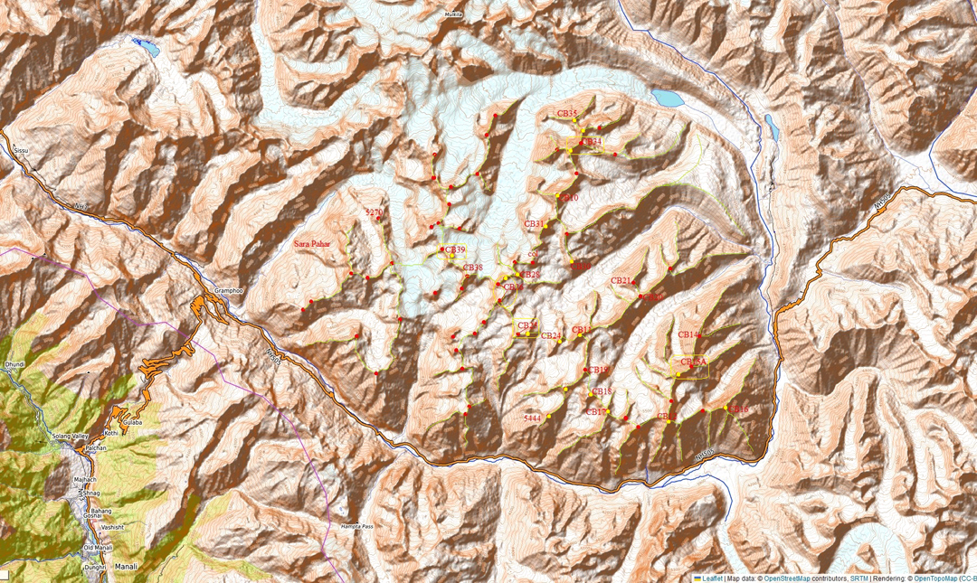 Map showing various peaks of the southeast Chandra Bhaga Range.